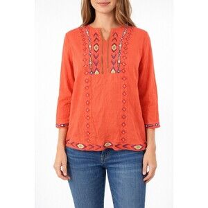 New Direction Orange Embroidered Beaded Blouse Top Large South Western Navajo